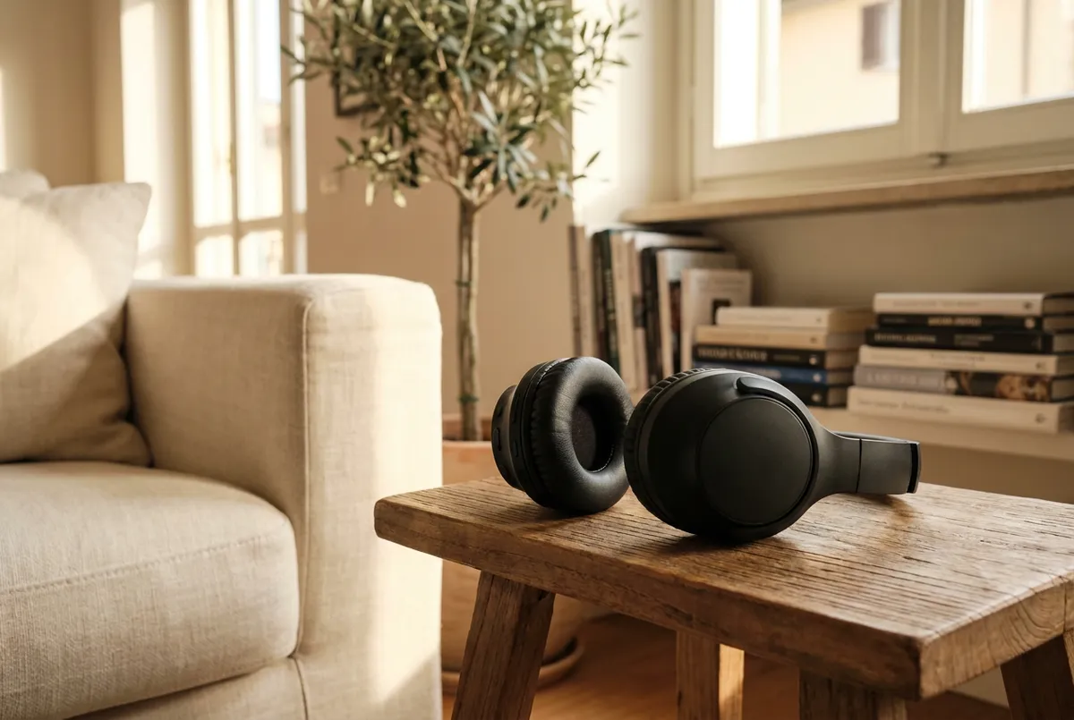 Illustrazione di cuffie over-ear con onde sonore (foto illustrativa)