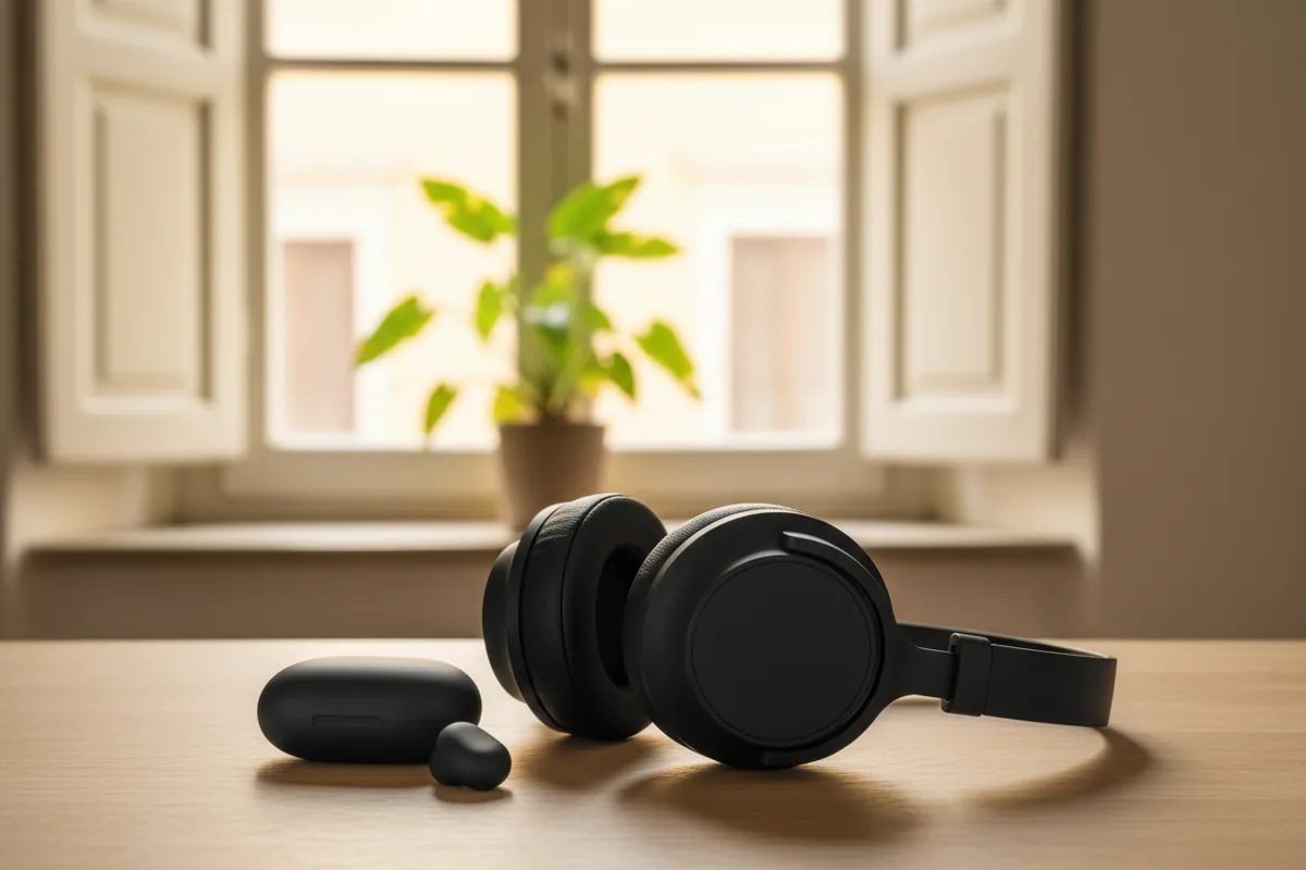 Cuffie over-ear con cancellazione del rumore accanto a un paio di auricolari true wireless nella loro custodia