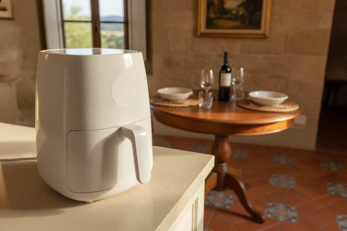 Friggitrice ad aria compatta su un piano cucina stretto, apparecchiato per due persone