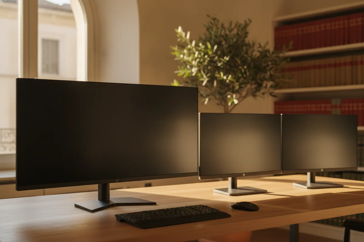Postazione da smart working con doppio monitor su scrivania in legno