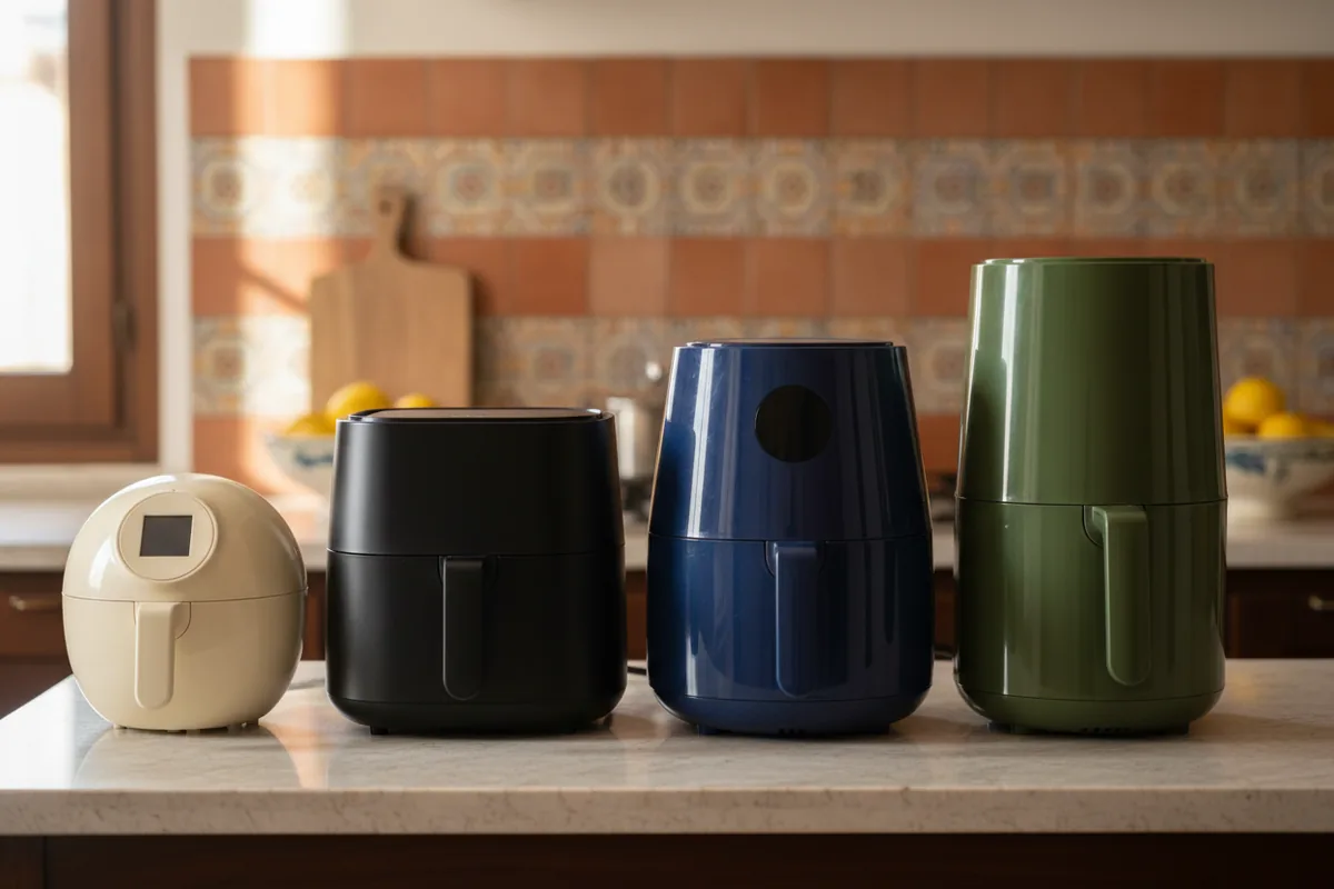 Dieci friggitrici ad aria di marche e capacità diverse allineate su un piano cucina
