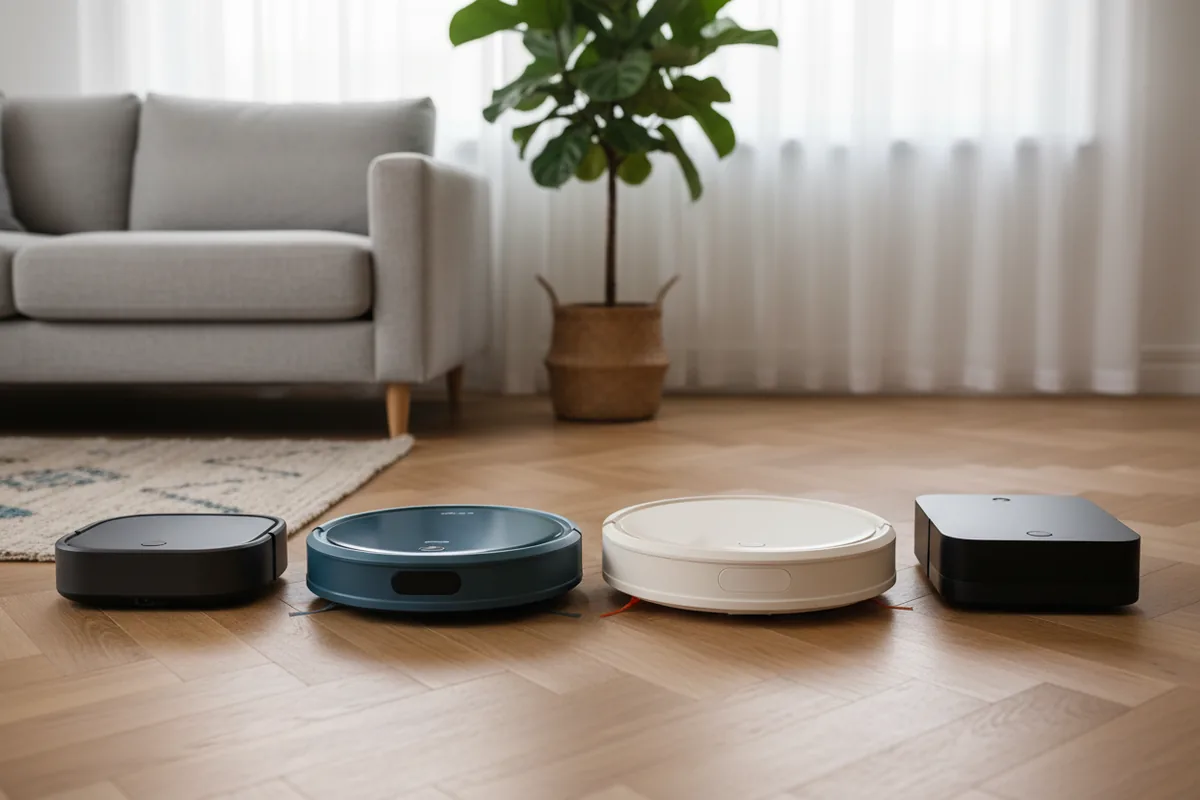 Otto robot aspirapolvere di marche diverse allineati su un pavimento di casa